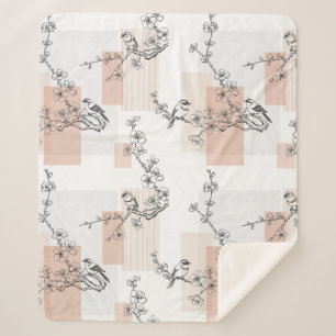 Vintage Bird Blossom Toile Stripe (10) Sherpa Blanket