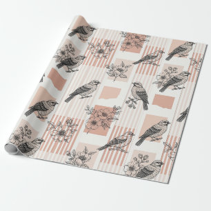 Vintage Bird Blossom Toile Stripe (11) Wrapping Paper
