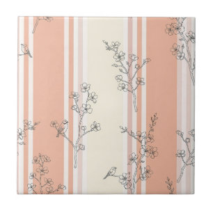 Vintage Bird Blossom Toile Stripe (13) Ceramic Tile
