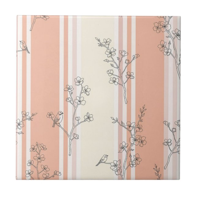 Vintage Bird Blossom Toile Stripe (13) Ceramic Tile (Front)