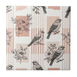 Vintage Bird Blossom Toile Stripe (15) Ceramic Tile