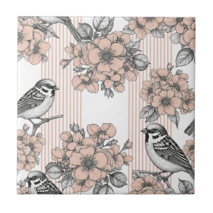 Vintage Bird Blossom Toile Stripe (1) Ceramic Tile