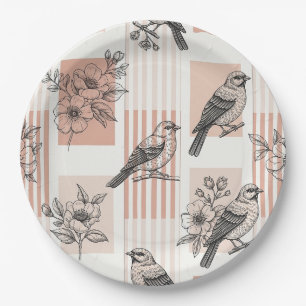 Vintage Bird Blossom Toile Stripe (1) Paper Plates