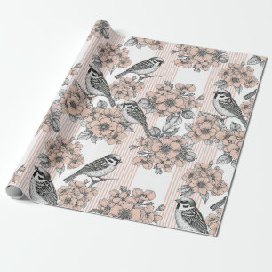 Vintage Bird Blossom Toile Stripe (1) Wrapping Paper