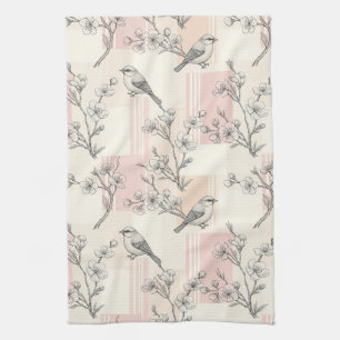 Vintage Bird Blossom Toile Stripe (2) Kitchen Towel