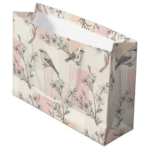 Vintage Bird Blossom Toile Stripe (2) Large Gift Bag
