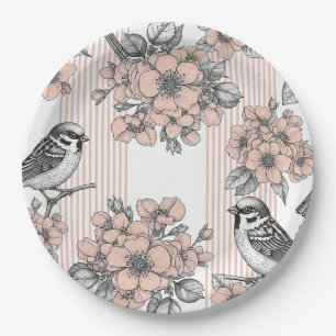 Vintage Bird Blossom Toile Stripe (2) Paper Plates