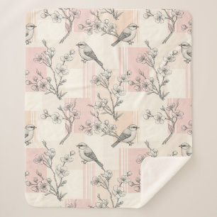 Vintage Bird Blossom Toile Stripe (2) Sherpa Blanket