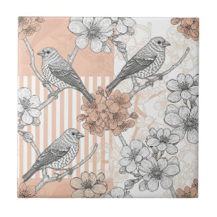 Vintage Bird Blossom Toile Stripe (3) Ceramic Tile