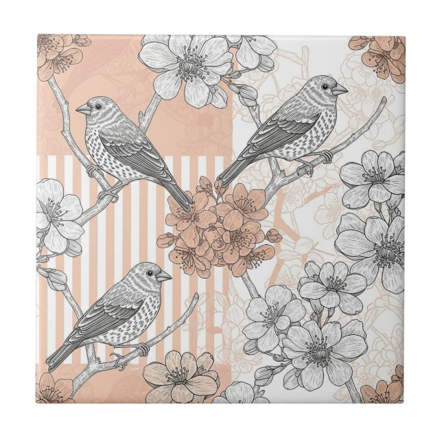 Vintage Bird Blossom Toile Stripe (3) Ceramic Tile (Front)
