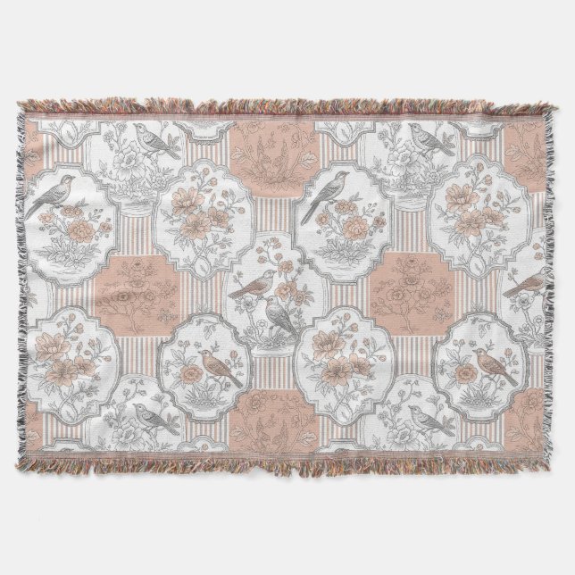 Vintage Bird Blossom Toile Stripe (3) Throw Blanket (Front)