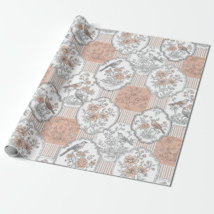 Vintage Bird Blossom Toile Stripe (3) Wrapping Paper