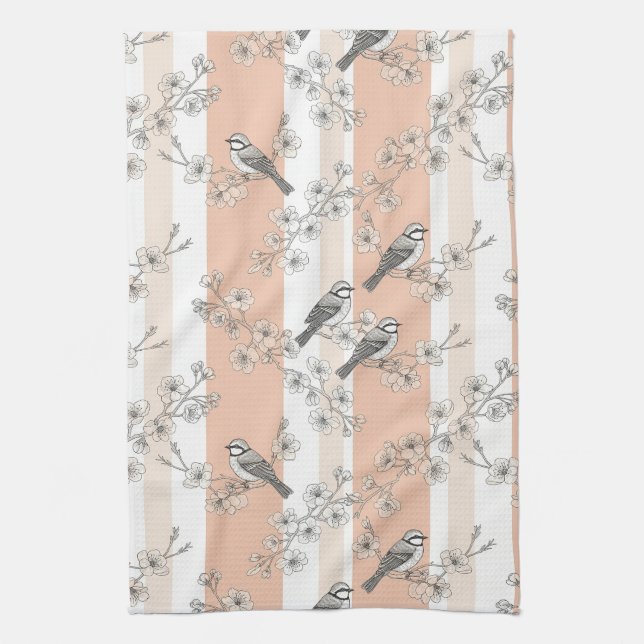 Vintage Bird Blossom Toile Stripe (4) Kitchen Towel (Vertical)