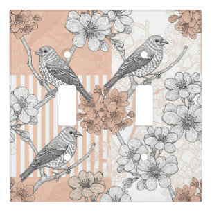 Vintage Bird Blossom Toile Stripe (4) Light Switch Cover