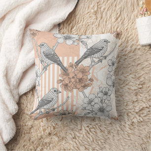 Vintage Bird Blossom Toile Stripe (4) Throw Pillow