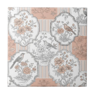Vintage Bird Blossom Toile Stripe (5) Ceramic Tile