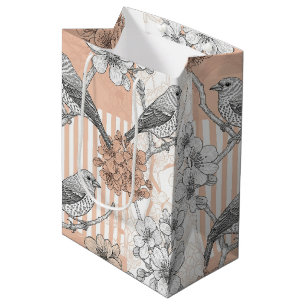 Vintage Bird Blossom Toile Stripe (5) Medium Gift Bag