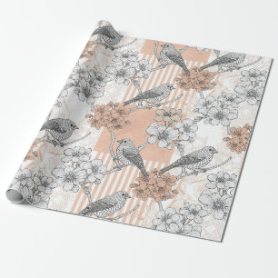 Vintage Bird Blossom Toile Stripe (5) Wrapping Paper