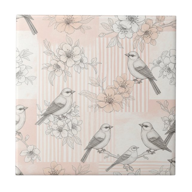 Vintage Bird Blossom Toile Stripe (6) Ceramic Tile (Front)