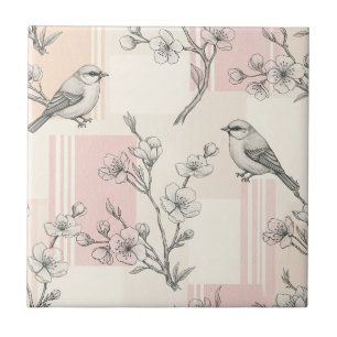 Vintage Bird Blossom Toile Stripe (7) Ceramic Tile