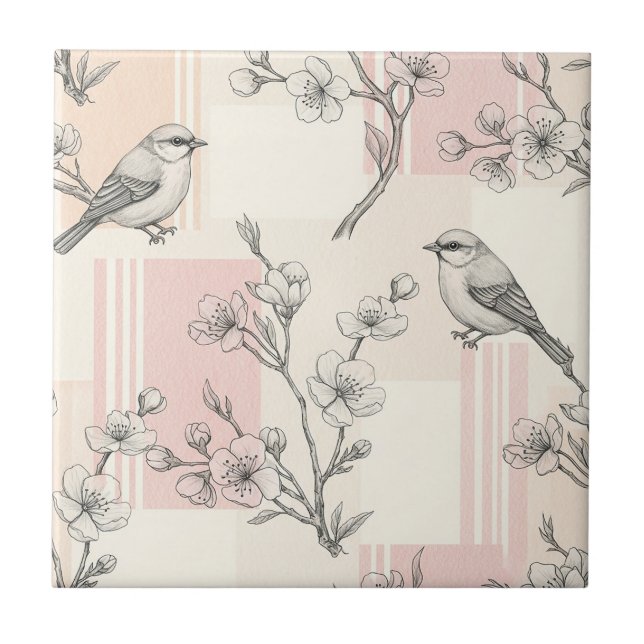 Vintage Bird Blossom Toile Stripe (7) Ceramic Tile (Front)