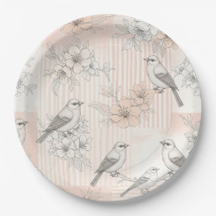 Vintage Bird Blossom Toile Stripe (7) Paper Plates