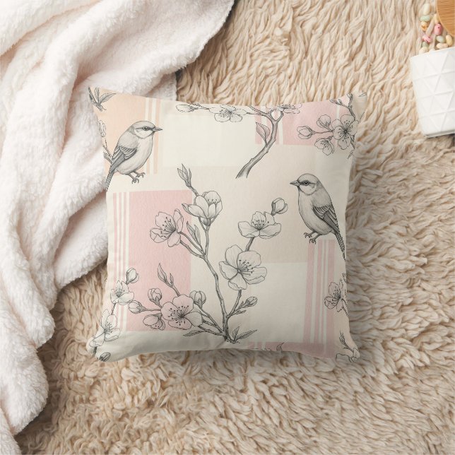 Vintage Bird Blossom Toile Stripe (8) Throw Pillow (Blanket)