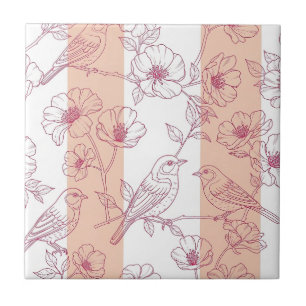 Vintage Bird Blossom Toile Stripe (9) Ceramic Tile