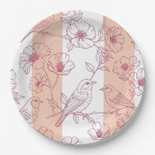 Vintage Bird Blossom Toile Stripe (9) Paper Plates