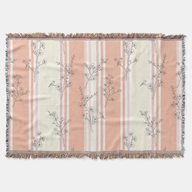 Vintage Bird Blossom Toile Stripe (9) Throw Blanket (Front)