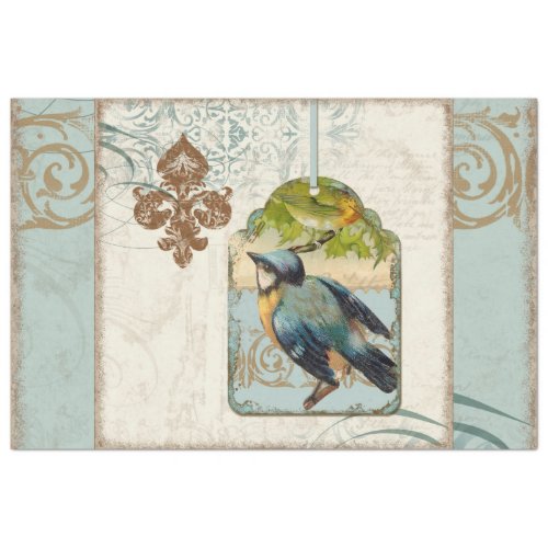 Vintage Bird Blue Yellow French Elegant Decoupage Tissue Paper