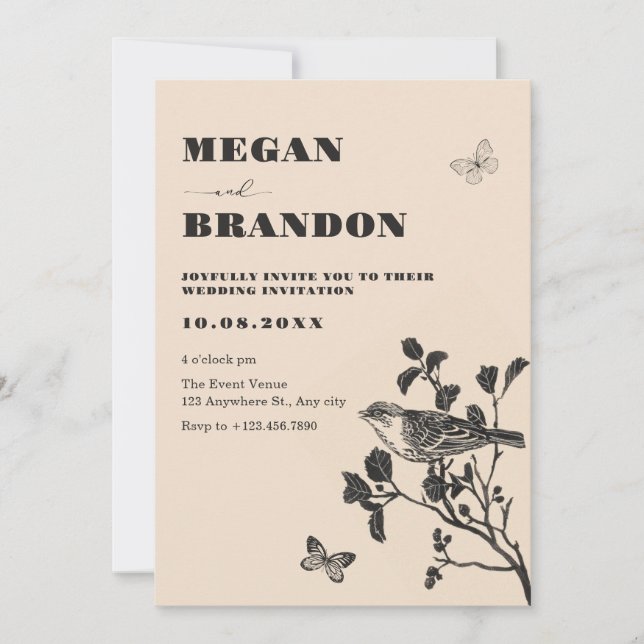 Vintage bird branch wedding invitation (Front)