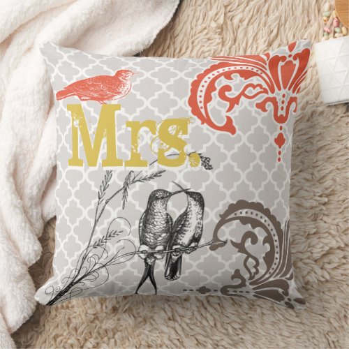 Vintage Bird Brides Pillow Monogram Tile Pattern