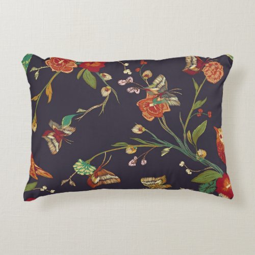 Vintage Bird Butterfly Embroidery Watercolor Accent Pillow