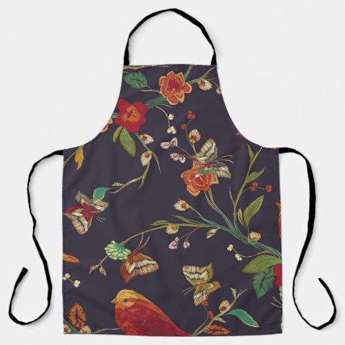 Vintage Bird Butterfly Embroidery Watercolor Apron