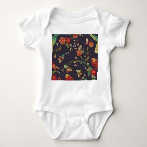 Vintage Bird Butterfly Embroidery Watercolor Baby Bodysuit