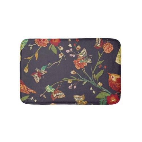 Vintage Bird Butterfly Embroidery Watercolor Bath Mat