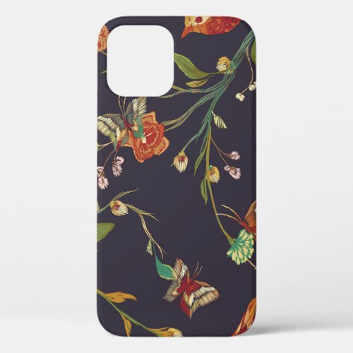 Vintage Bird Butterfly Embroidery Watercolor iPhone 12 Case