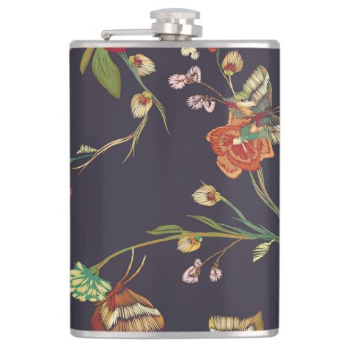 Vintage Bird Butterfly Embroidery Watercolor Flask