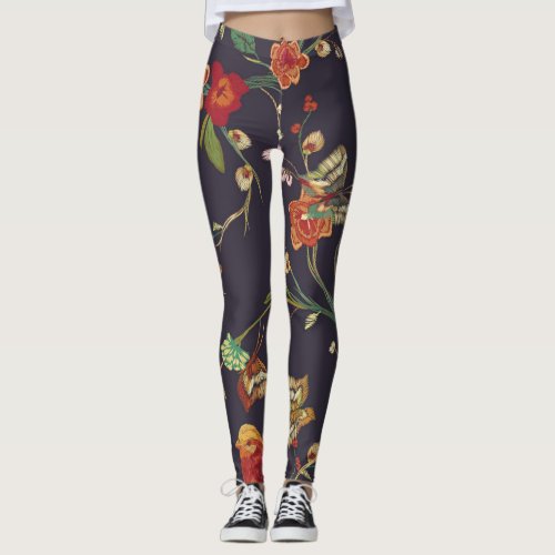 Vintage Bird Butterfly Embroidery Watercolor Leggings