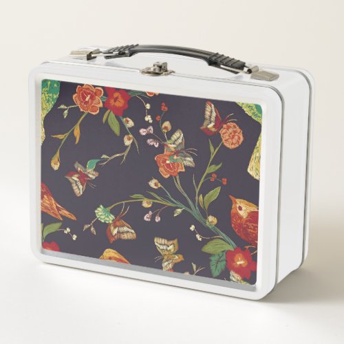 Vintage Bird Butterfly Embroidery Watercolor Metal Lunch Box