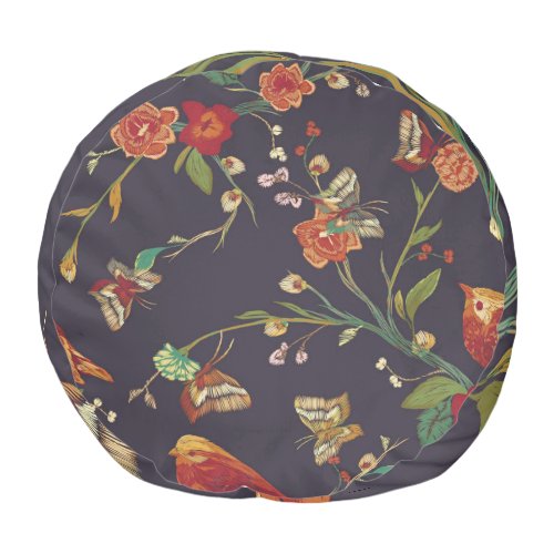 Vintage Bird Butterfly Embroidery Watercolor Pouf