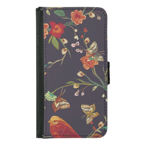 Vintage Bird Butterfly Embroidery Watercolor Samsung Galaxy S5 Wallet Case