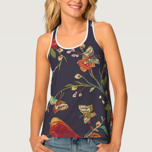 Vintage Bird Butterfly Embroidery Watercolor Tank Top