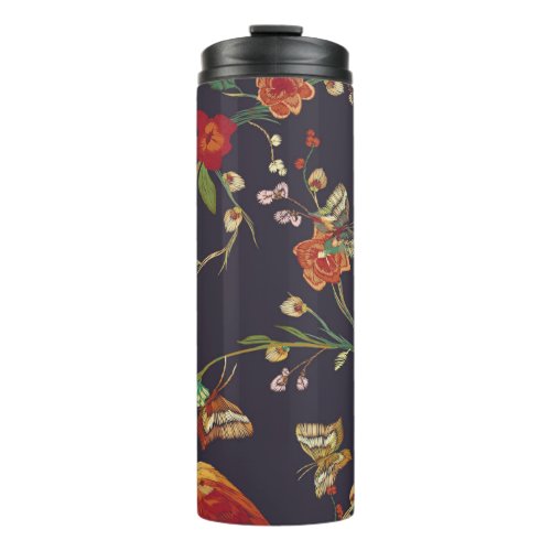 Vintage Bird Butterfly Embroidery Watercolor Thermal Tumbler