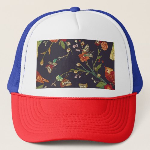 Vintage Bird Butterfly Embroidery Watercolor Trucker Hat