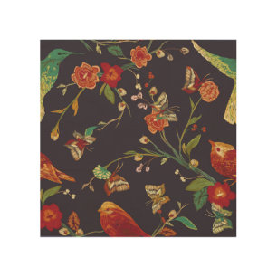 Vintage Bird, Butterfly, Embroidery Watercolor. Wood Wall Art