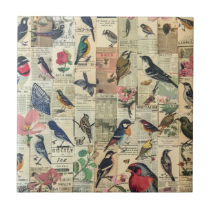 Vintage Bird Butterfly Newspaper Botanical Ceramic Tile