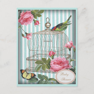 Vintage Bird, Cage, Butterfly & Roses Baby Shower Invitation