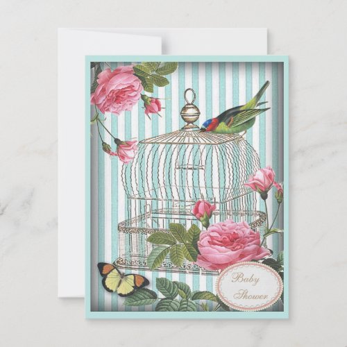 Vintage Bird Cage Butterfly  Roses Baby Shower Invitation